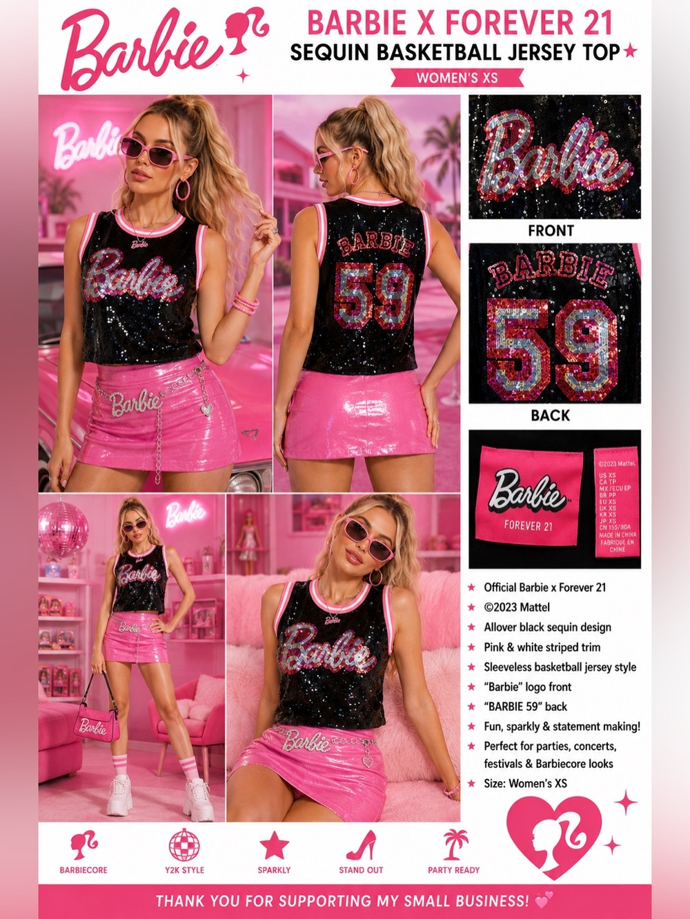 Barbie x Forever 21 Sequin Basketball Jersey Top Black Pink 59 Women’s XS